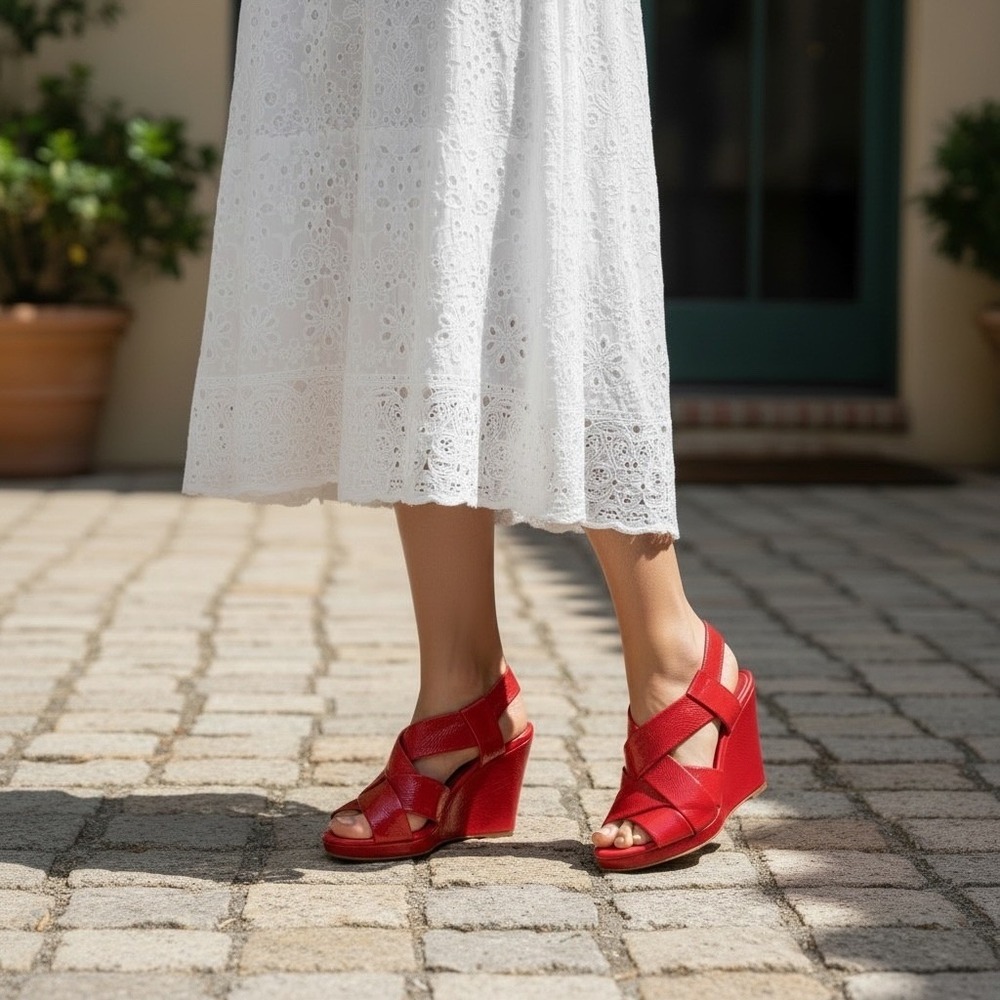 Cole Haan Air Tali Red Patent Leather Crisscross Wedge Sandals Slingback 3.25"
